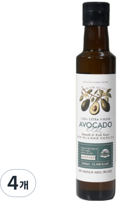 올리오리아 엑스트라버진 아보카도오일 멕시코 최고급 HASS품종 아보카도유 냉압착, 4개, 250ml
