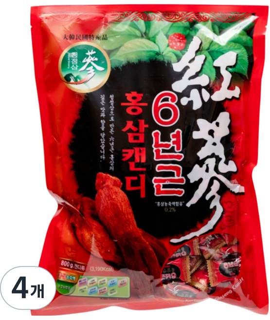 청정인삼 6년근 고함량 홍삼 캔디, 800g, 4개