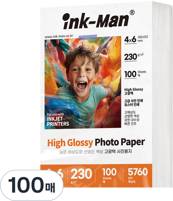 잉크맨 고광택 사진 인화지 포토페이퍼 포토용지 230g, 1개, 4X6, 200매