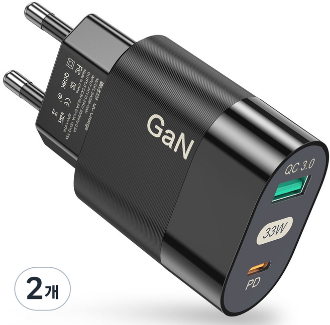 33W 2포트 USB+PD QC3.0 초고속 가정용 충전기 CDT104, 2개, 블랙