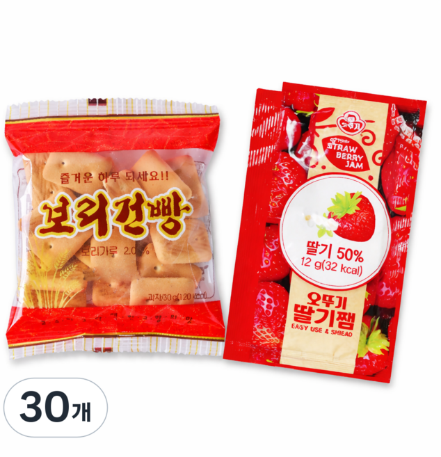 금풍제과 보리건빵과 오뚜기 딸기잼 군대 학교 캠핑 등산 여행 달달한 간식세트 과자세트, 30개, 42g