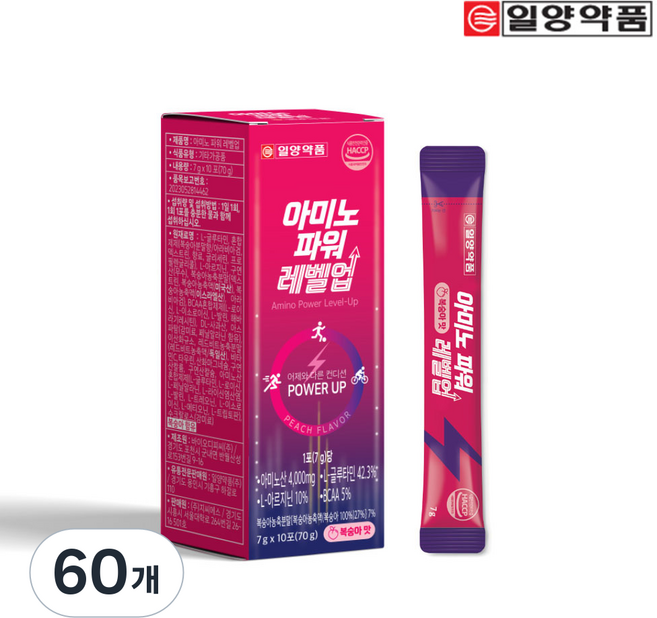 일양약품 아미노 파워 레벨업 복숭아맛 아미노산 보충제, 60개, 7g