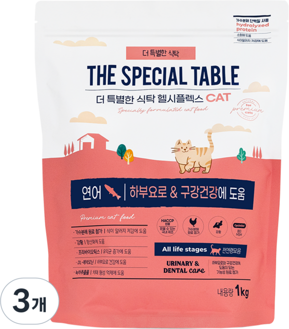 푸디 더특별한식탁 전연령 고양이 기능성 유리너리 & 장건강 건식 사료 헬시플렉스, 3개, 1kg, 연어