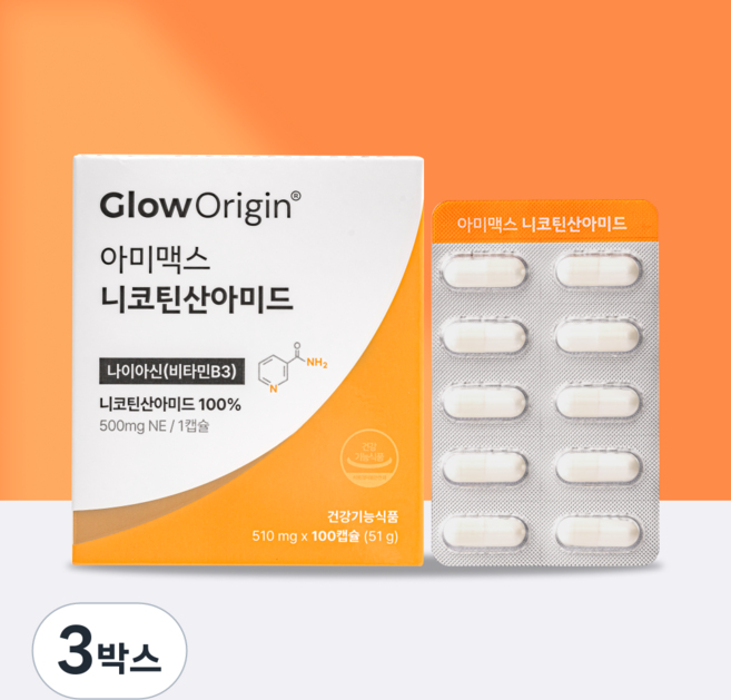 글로오리진 아미맥스 비타민B3 고용량 500mg 니코틴산아미드 나이아신아미드, 3박스, 100정