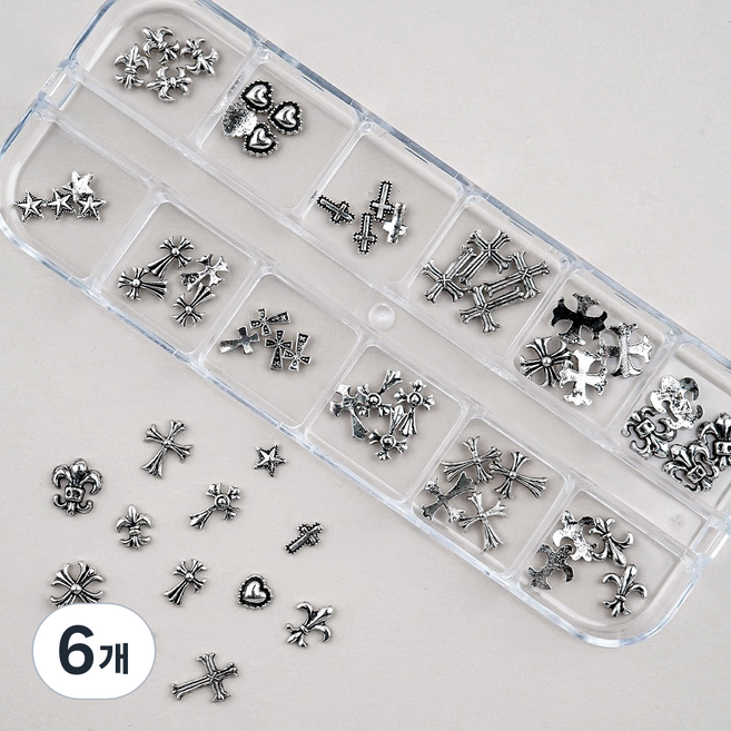 네일스토어 크롬 엔틱 네일파츠 12세트-1 메탈 십자가 별 하트, 6개, 실버믹스