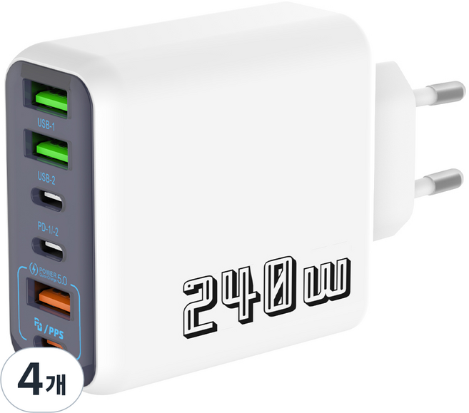 240W 6포트 3USB+3C타입 PD충전 초고속 가정용 충전기 CDT105, 4개, 흰색