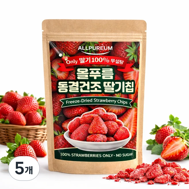 올푸름 동결 건조 딸기칩 딸기100% 무설탕 보존료 첨가물 제로 아이간식 요거트 베이킹 천연재료, 5개, 50g - 쿠팡