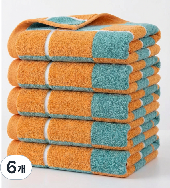융풍 수건 호텔수건 호텔 수건 타올 타월 세면 타올 샤워타올 목욕타올, 6개, 그린오렌지 체크