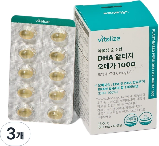 바이탈라이즈 식물성 알티지 비건 오메가3 DHA1000 순도85%, 3개, 60정 - 쿠팡