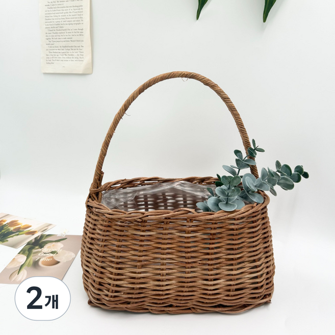히스홈 천연 등나무 라탄 바구니 꽃 인테리어 소품 촬영 선물 바스켓, 2개, 브라운