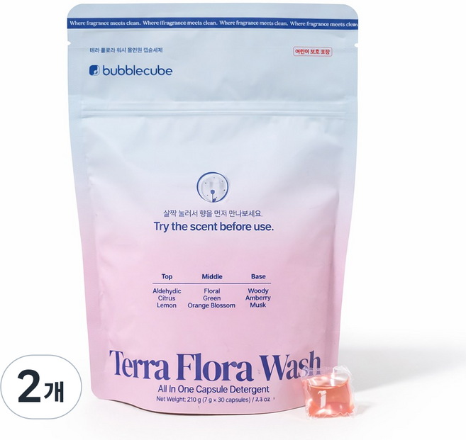 버블큐브 테라플로라워시 올인원캡슐세제 30캡슐 중성세제 유해성분 불검출 피부저자극 실내건조, 2개, 30개입