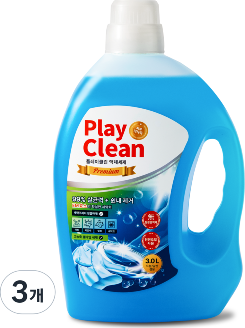 플레이클린 알칼리 액체세제 대용량 고농축 찌든때 쉰냄새 땀냄새 얼룩제거 세탁세제, 3개, 3L