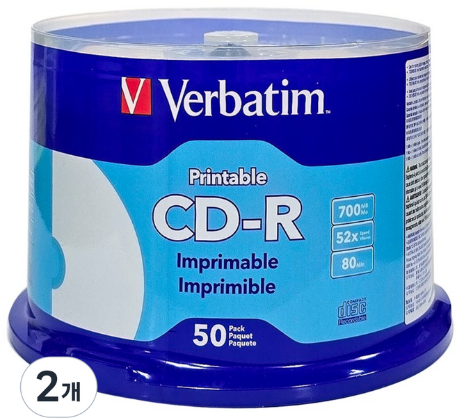 버바팀 CD-R 50P 프린터블 700MB 52배속 50장 공디스크, [케익통/50매], 2개