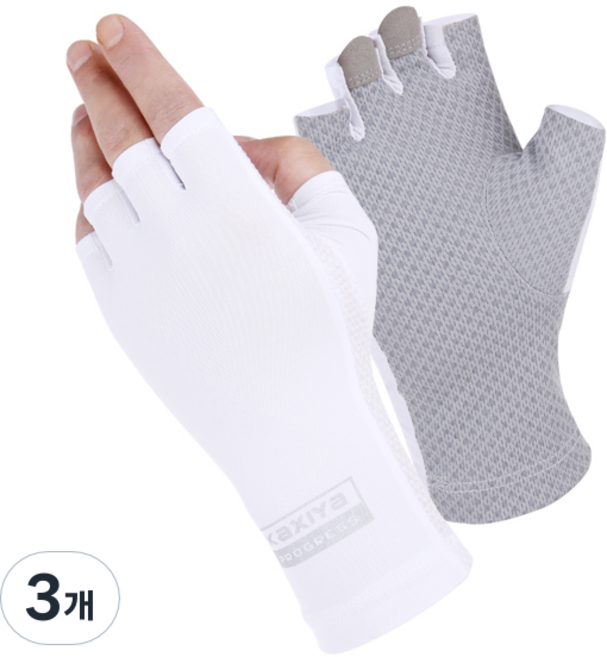 [KAXIYA] 카시야 자외선차단 쿨 실리콘 캐디 반장갑(양손) 파크골프 운전 낚시 등산 스포츠 쿨장갑, 3개, 그레이