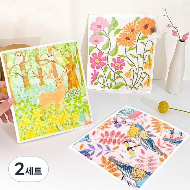 이지몰 친환경 셀룰로오스 숲속 감성 수세미 행주 3P, 2세트, 혼합색상
