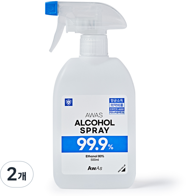 AWAS 이도소독용에탄올 항균 살균 알콜 소독스프레이, 2개, 500ml