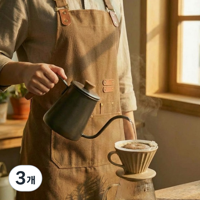포니홈 예쁜 캔버스 방수 앞치마 카페 주방, 3개, 브라운