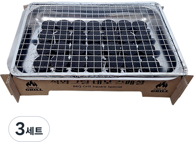 일회용 구이박사 직화그릴 네모스페셜(순간착화 친환경 사과나무숯 포함), 3세트