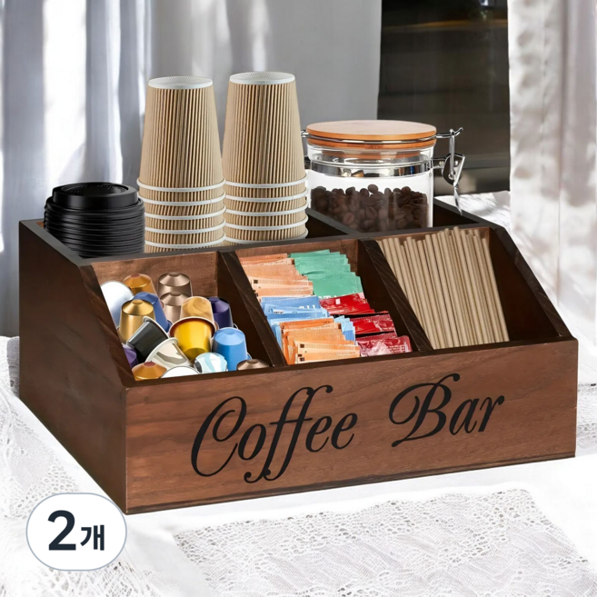 고급 원목 커피 티백 정리함 탕비실 다용도 수납함, 2개, 브라운