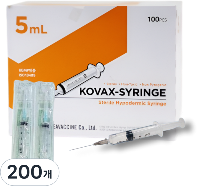 한국백신 일회용 주사기 5cc 23g 100p 멸균 개별포장 의료용 바늘, 200개, KOVAX-SYRINGE 5mL 23G 1