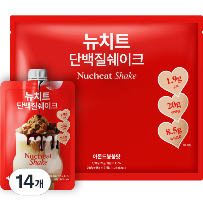 뉴치트 단백질 쉐이크 파우치 아몬드봉봉맛, 45g, 14개