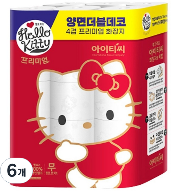 헬로키티 프리미엄 레드 4겹 롤화장지 30m, 30롤, 6개
