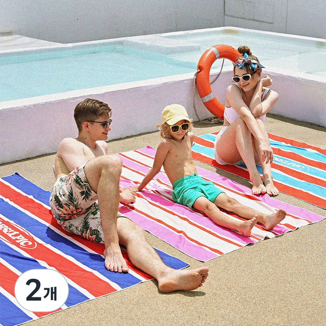 오셀픽 특대형 시그니처 스트라이프 비치타올 여행 소풍 비치타월 큰수건, 셀린 블루레드, 2개