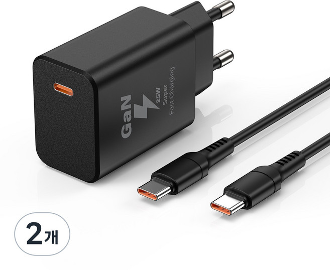 YEXXI c타입 초고속 충전기 25W GaN PD PPS QC3.0 어댑터 + C TO C 1.5M 25W 케이블 세트, 2개, 블랙