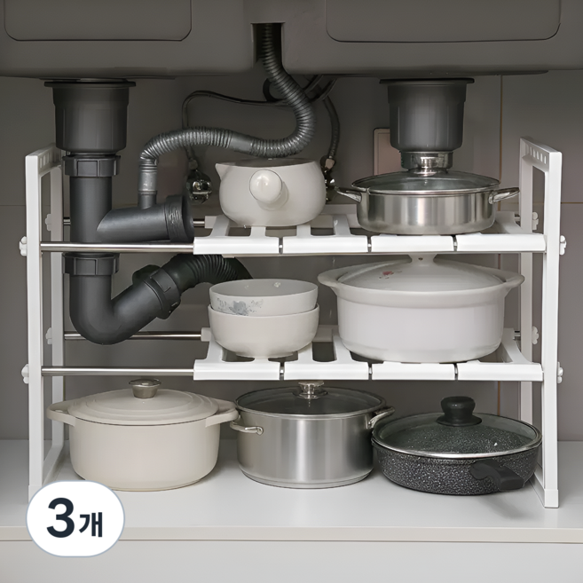 데이모노 길이 높이 조절 싱크대 하부장 주방 선반, 3개, 화이트, 2단