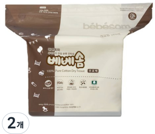 베베솜 무표백 순면 아기 건티슈, 60g, 360매, 2개