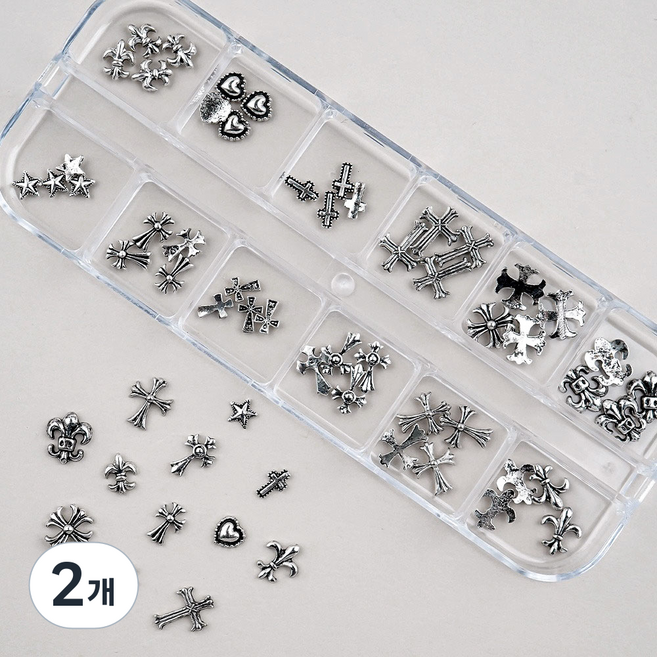네일스토어 크롬 엔틱 네일파츠 12세트-1 메탈 십자가 별 하트, 2개, 실버믹스