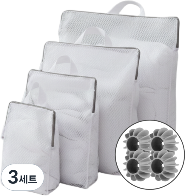 [세탁볼 4개 증정] 달그라미 메쉬 입체 세탁망 세트 4종, 3세트, 화이트