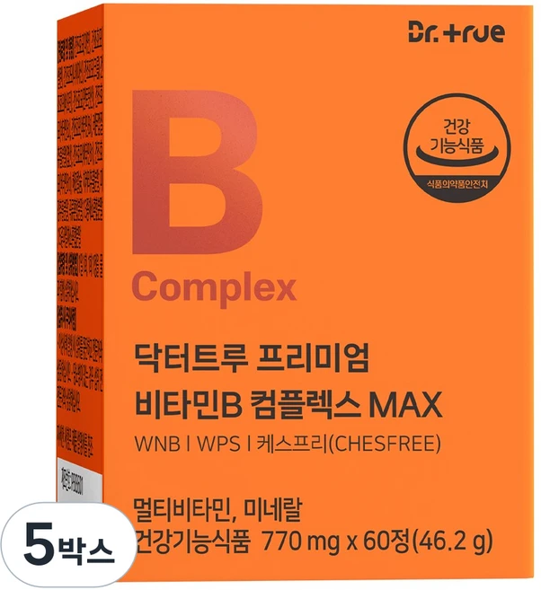 닥터트루 프리미엄 비타민B 컴플렉스 B1 B2 B6 B12 영양제 수용성 비타민비, 5박스, 60정 - 쿠팡