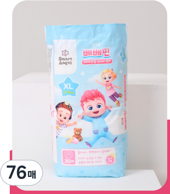 핑크퐁 베베핀 스마트엔젤 팬티형 기저귀 XL 사이즈 (11-14Kg), 76매, 4단계