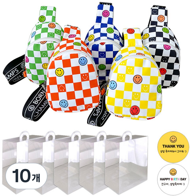 [KC인증] 유치원 어린이집 생일 선물 답례품 포장 세트 단체 구디백 유아 슬링백 키즈 어린이 아동 크로스백, 색상혼합, 10개