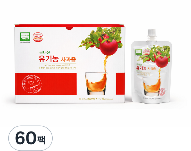 뚜껑으로 돌려따먹는 국내산 유기농사과즙, 60팩, 100ml