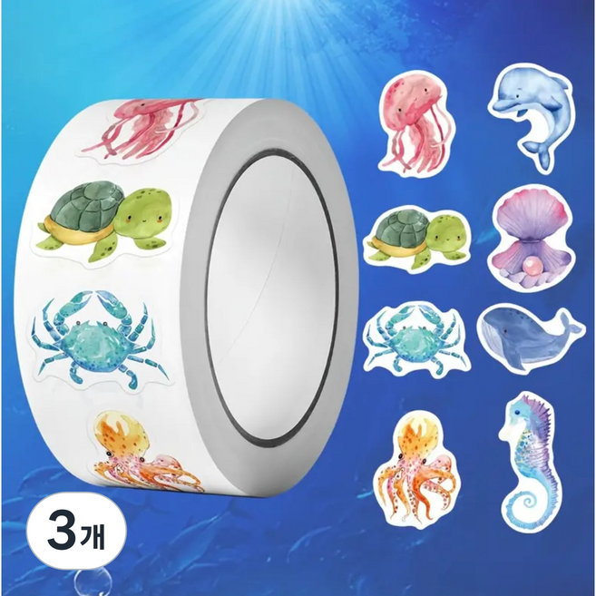 [500P]해양동물 바다생물 돌고래 거북이 해마 해파리 스티커 오션 라이프 테마 봉투 밀봉 스티커 해양 동물 종이 접착 라벨 스크랩북 선물 포장 및 사무용품 장식용., 3개