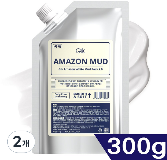 GIK 아마존 화이트 병풀 티트리 모공 피지 흡착 딥 케어 머드 워시오프 클레이 마스크 팩, 1개입, 300g, 2개