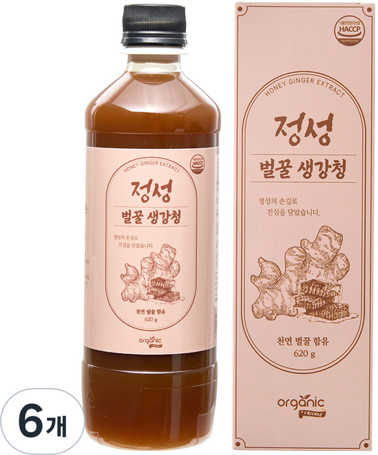 물 한방울 안들어간 진짜 국내산 100% 안동 생강 천연벌꿀 정성 생강청 원액 생강차, 620g, 6개, 1개입