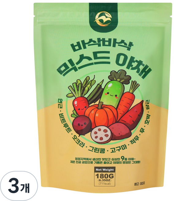 믹스야채칩 건강간식 어린이 다이어트과자, 3개, 180g