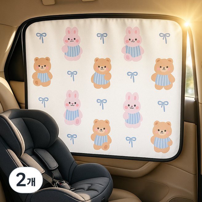 라이프온 아기 커튼형 차량 햇빛가리개, 2개, 파랑리본곰