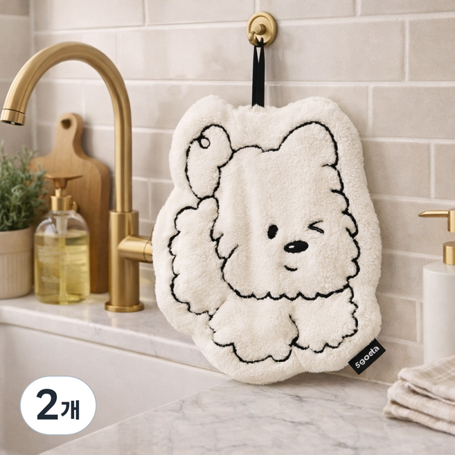 이지몰 윙크 강아지 핸드타올 자수 욕실 주방 걸이 손타월, 플러핑화이트, 2개