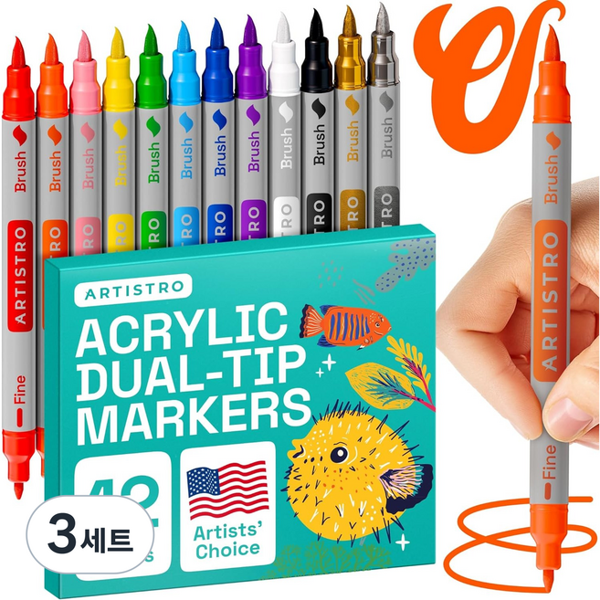이중 팁 아크릴 페인트 마커 - 모든 연령과 수준에 적합한 예술 그림 키트 천 바위 종이 나무 캔버스 유리 DIY용 아크릴 페인트 펜 이중 팁 마커 (브러시+파인), 3세트, 12색