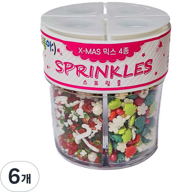 초코좋아 슈가스프링클 X-MAS(크리스마스모양)믹스 4종 60g (4칸용기/베이킹/토핑/재료), 6개