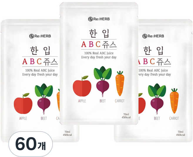 물한방울 넣지않고 국내산 갈아만든 리허브 한입ABC쥬스, 60개, 100ml, 물 한방울 넣지않고 국내산 갈아만든 한입ABC주스