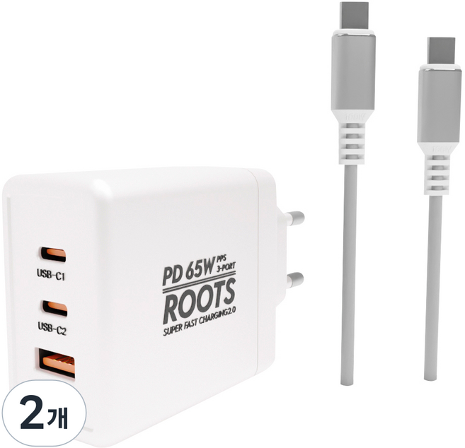 루츠 국내생산 초고속 멀티 충전기 C타입 3포트 PD 65W PPS + C to C 100W 5A E Marker 1.5M 케이블포함, 화이트, 2개