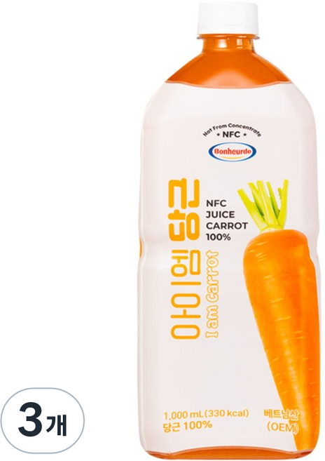100% NFC 착즙 보넬드 아이엠 당근 주스 즙, 1L, 3개