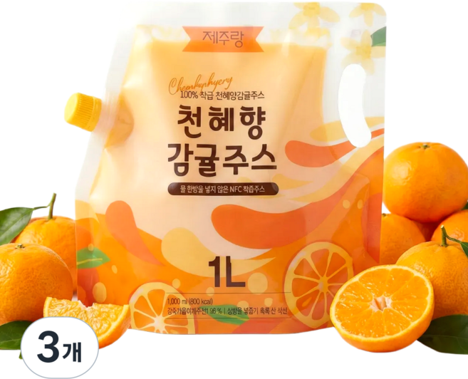 델리쿡 제주 천혜향 감귤 주스 착즙100%, 3개, 1L