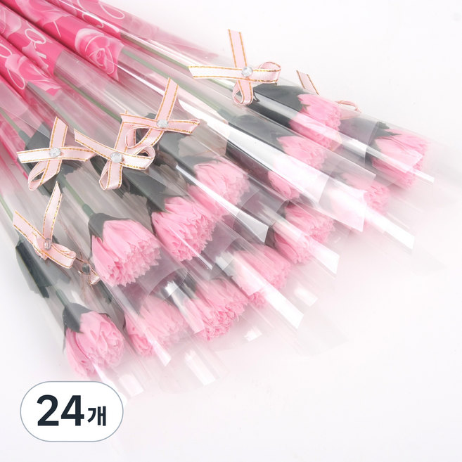 비누꽃 카네이션 한송이 리본장식 조화 선물, 24개, 리본타입 핑크