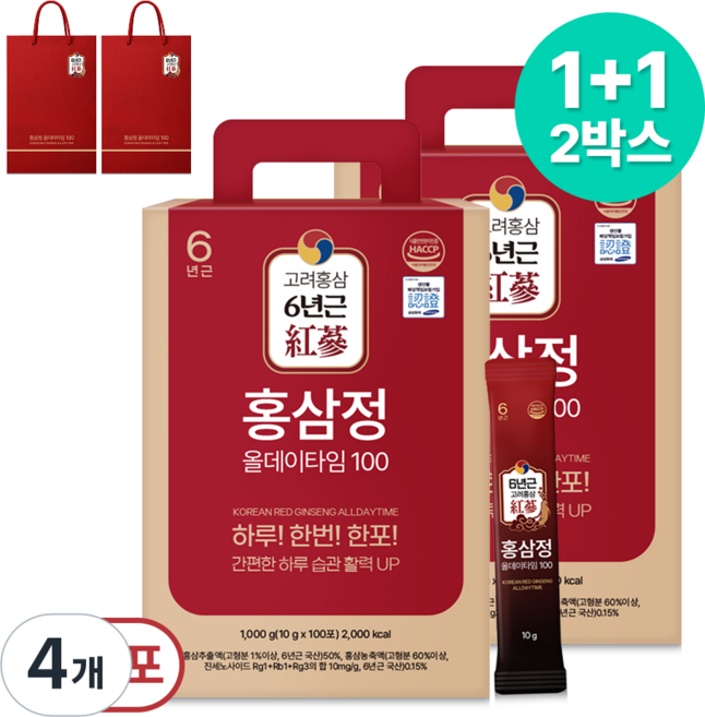 1+1 홍삼정 올데이타임 100 대용량+쇼핑백, 4개, 1L